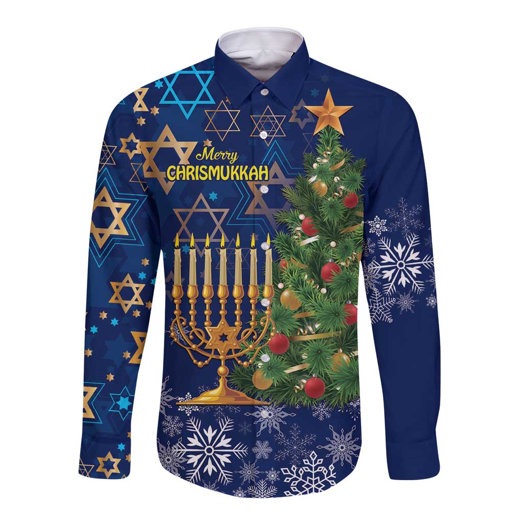 Blue long-sleeve button shirt with Christmas and Hanukkah graphic front