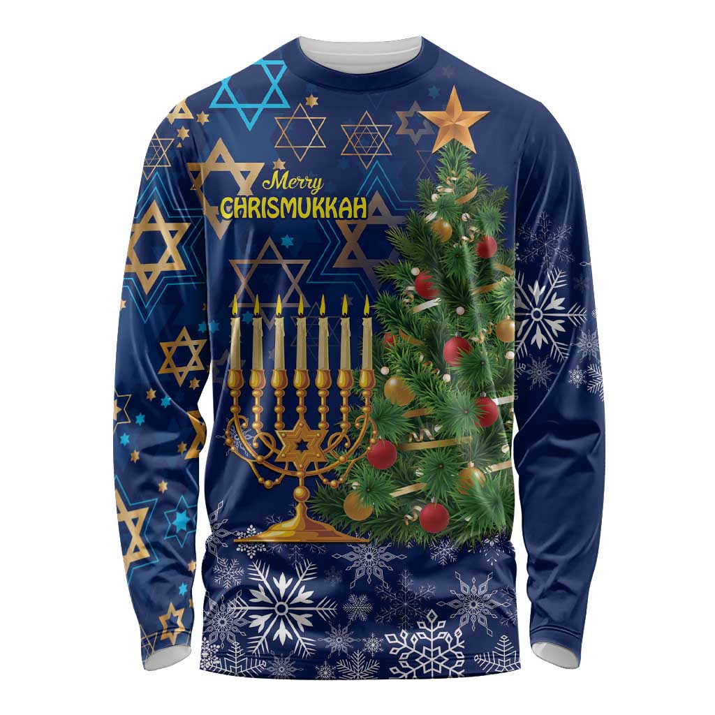 Blue unisex long sleeve shirt with Christmas tree, menorah, Star of David patterns
