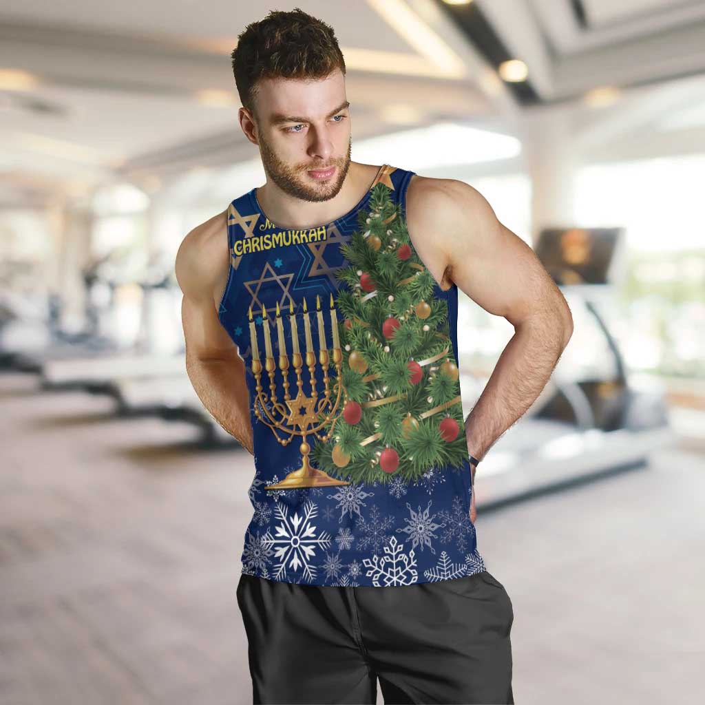Blue men's tank top with Merry Chrismukkah holiday graphic and menorah design