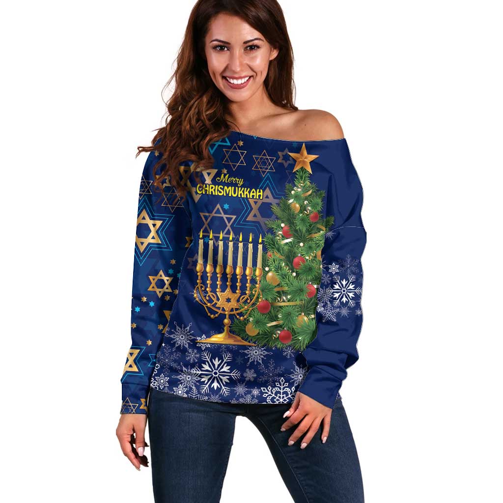 Blue off-shoulder sweater with Merry Chrismukkah text, menorah, and Christmas tree print