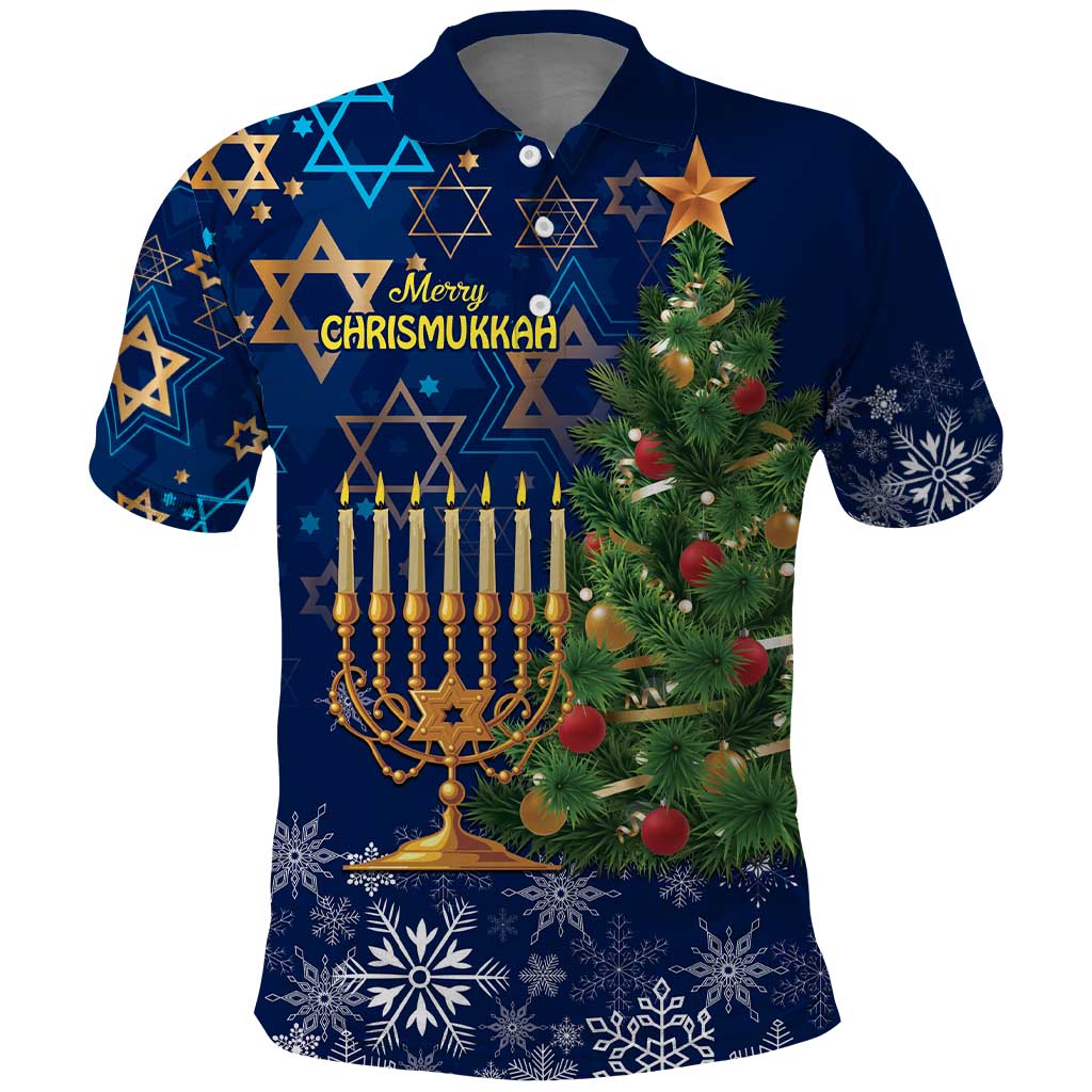 Dark blue polo shirt with menorah, Christmas tree, and star decorations (front)