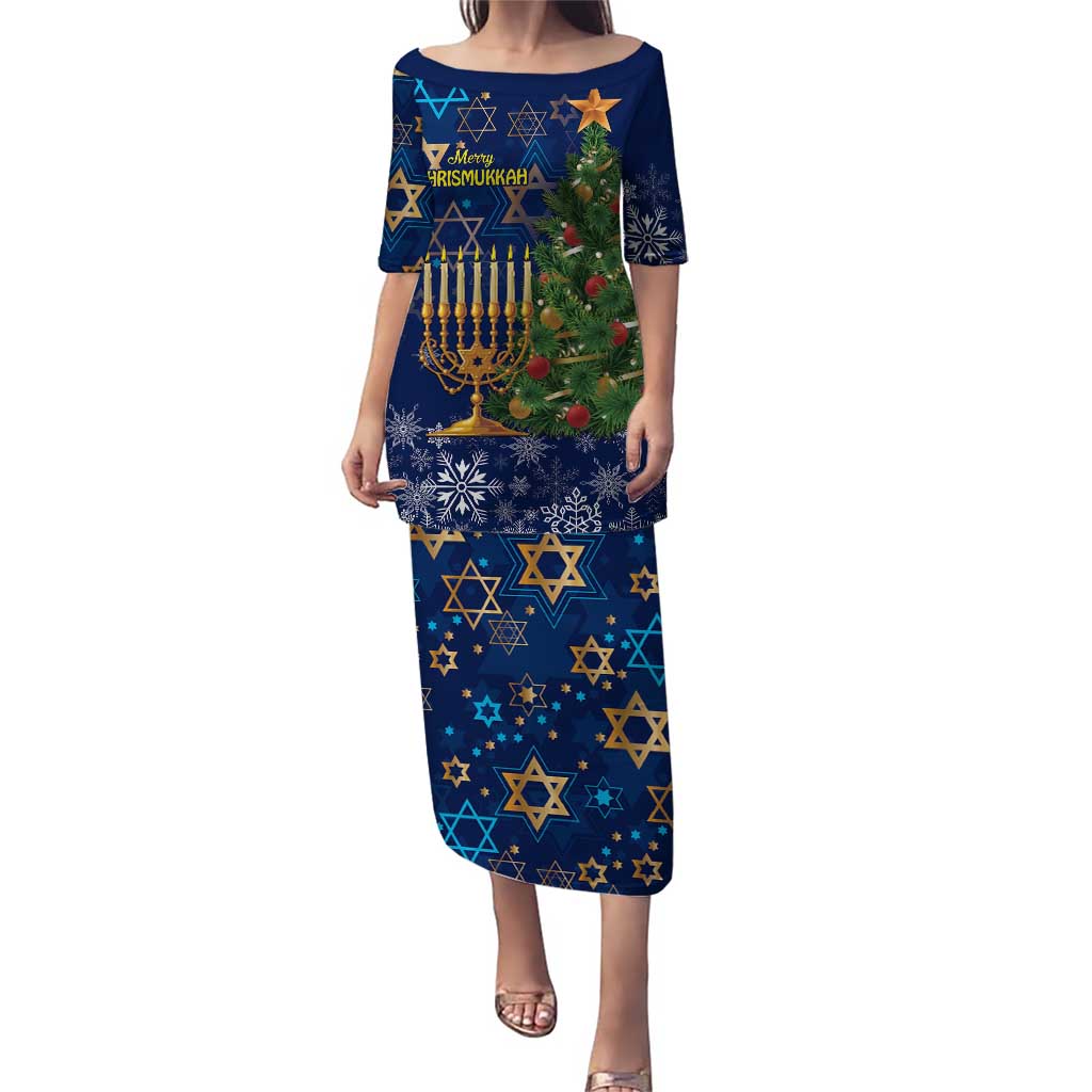 Blue long pullover dress with menorah, star patterns, and Christmas tree graphic