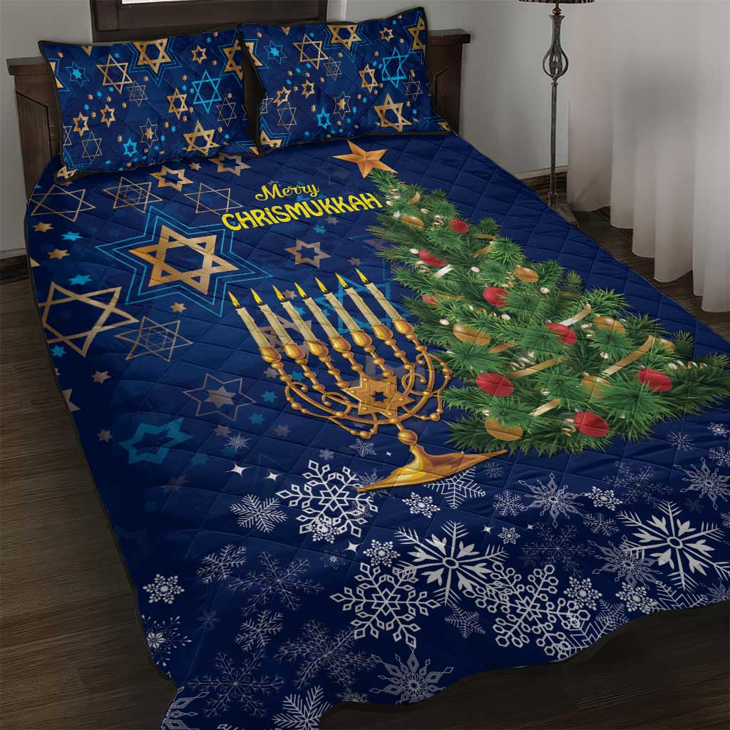 Blue quilt bed set with gold menorah, green tree and star and snowflake patterns