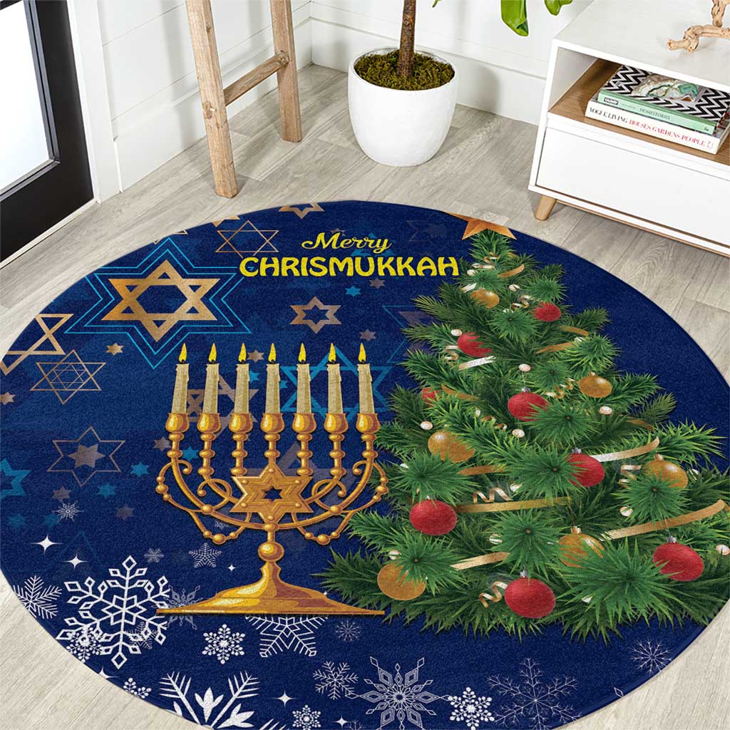 Blue round rug with menorah, evergreen tree, red ornaments, and 'Merry Chrismukkah' text