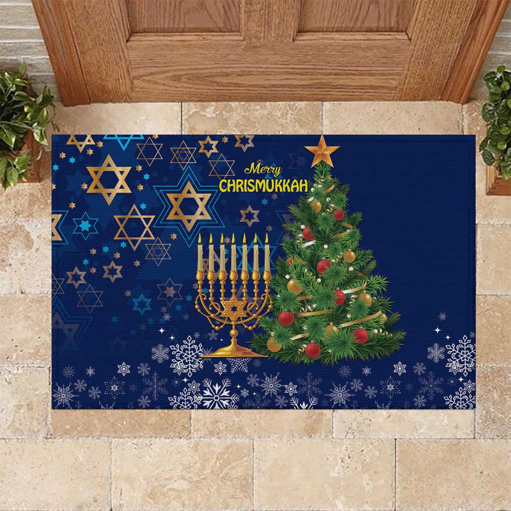 Blue rectangular rubber doormat with menorah, wreath, and star patterns for Chrismukkah