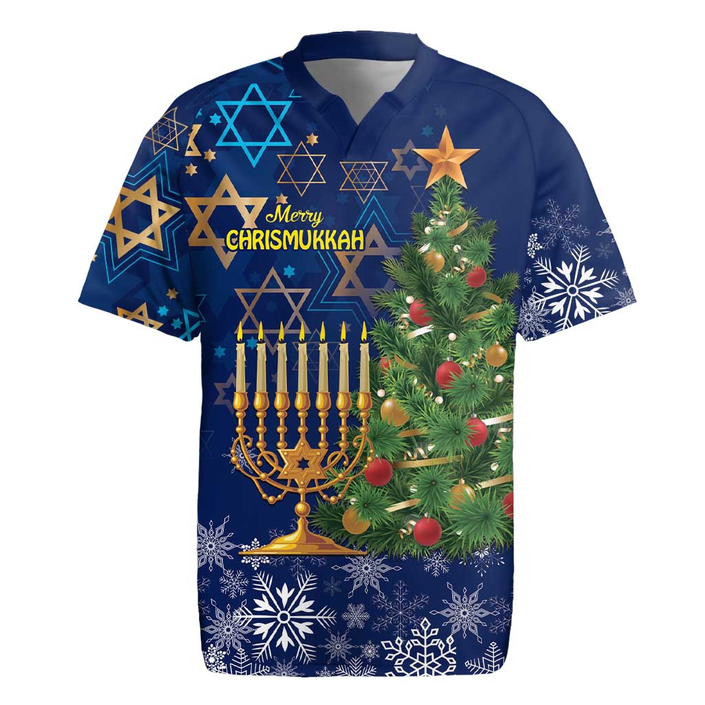 Blue rugby jersey with menorah, Christmas tree, and star graphics