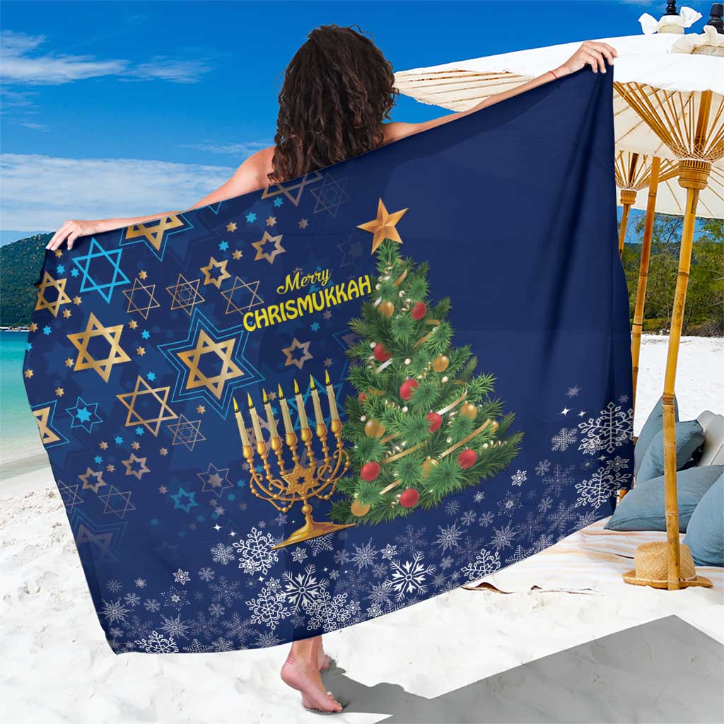 Blue festive sarong with menorah, Christmas tree, and star pattern designs