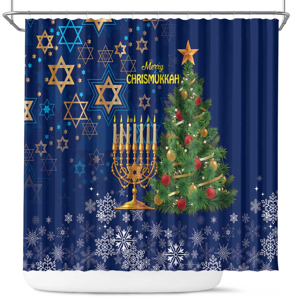 Blue shower curtain with star patterns, menorah, Christmas tree, and snowflake trim