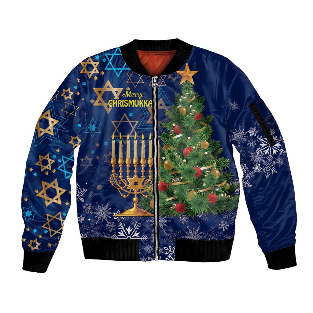 Blue unisex zip bomber jacket with festive front graphic and ribbed cuffs