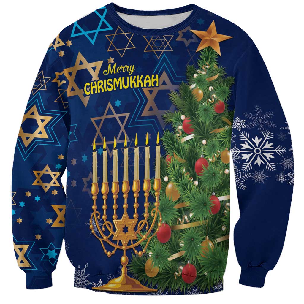 Blue unisex sweatshirt with Christmas and Hanukkah graphic, star patterns and menorah