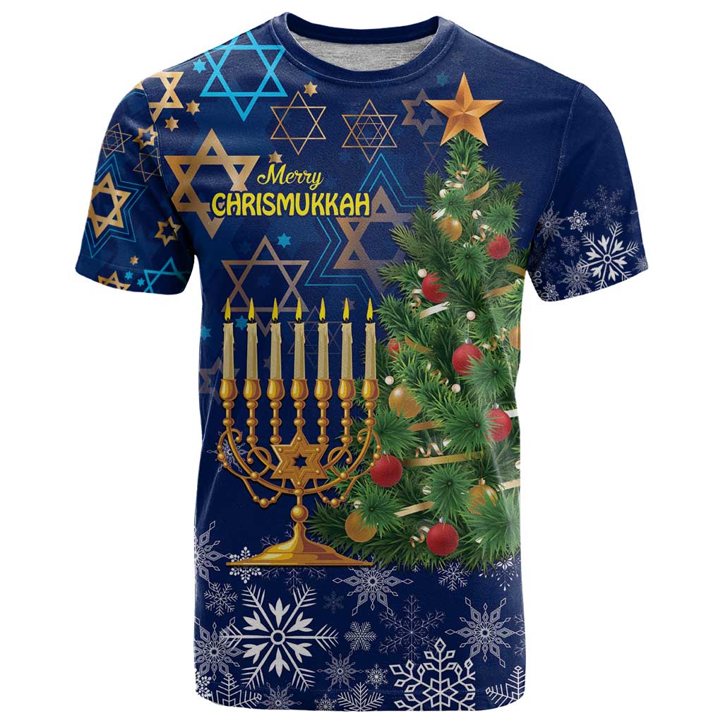 Blue Merry Chrismukkah T-shirt with menorah, star of David and decorated Christmas tree