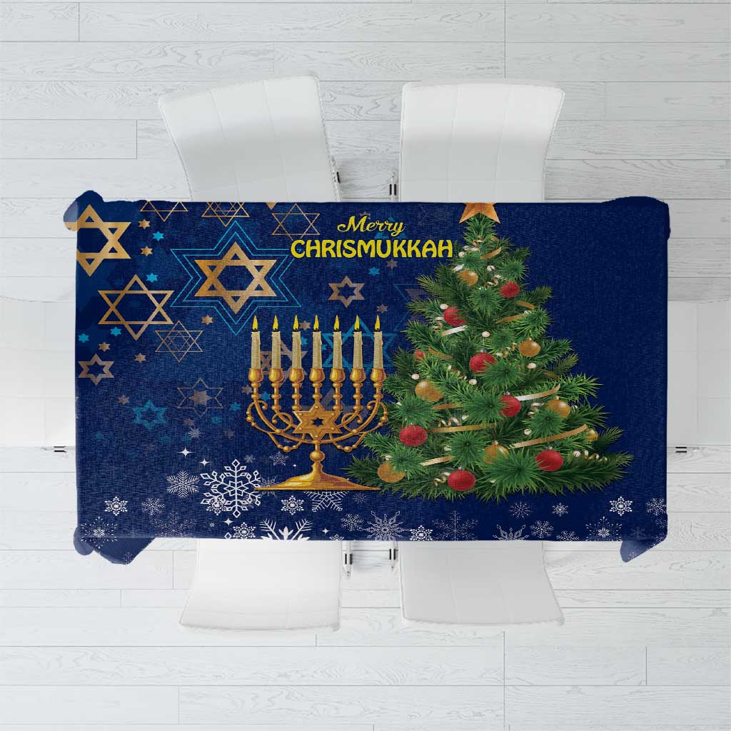 Blue tablecloth with star and snowflake print, Merry Chrismukkah headline and menorah