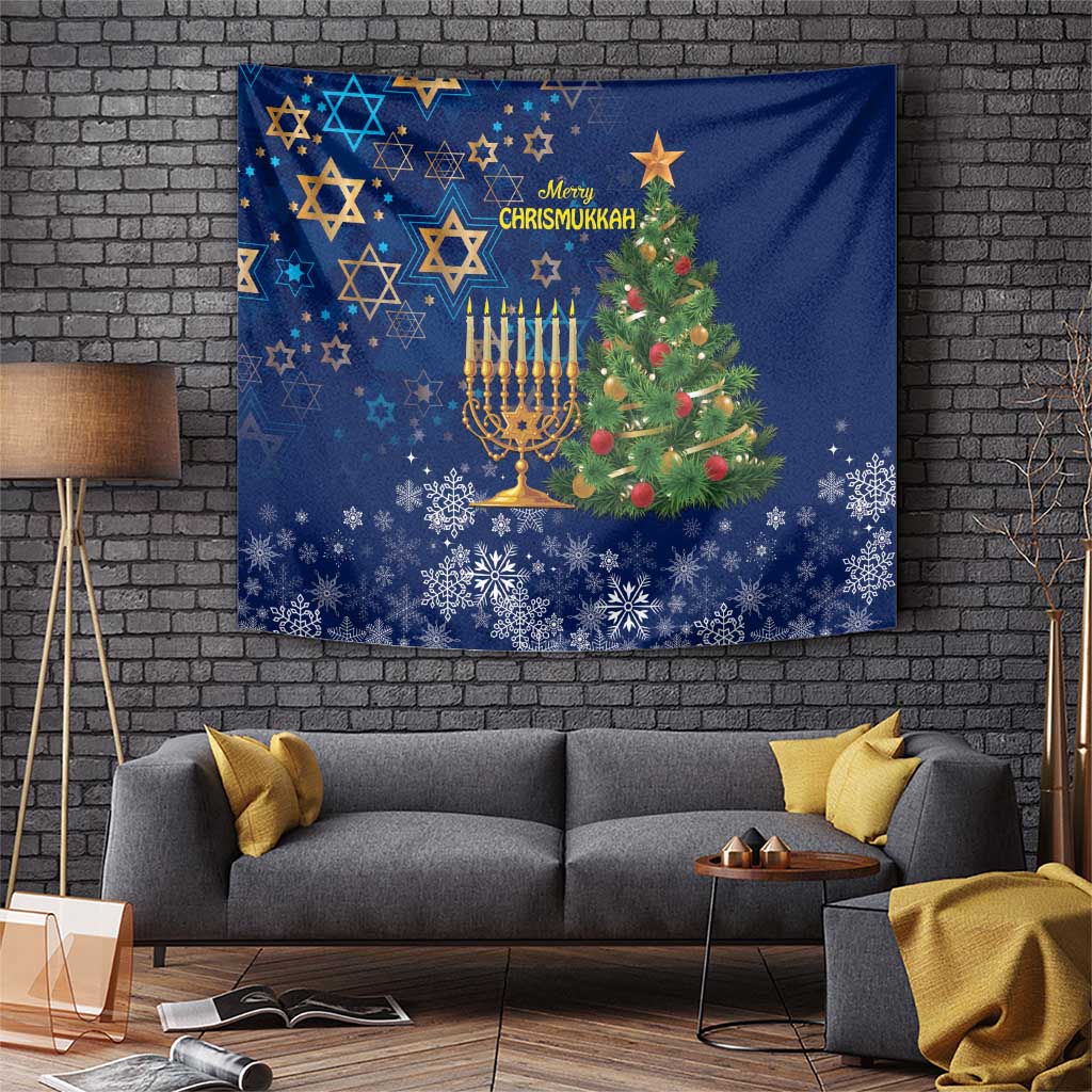 Blue tapestry wall hanging with Christmas tree, menorah, and starry Merry Chrismukkah text