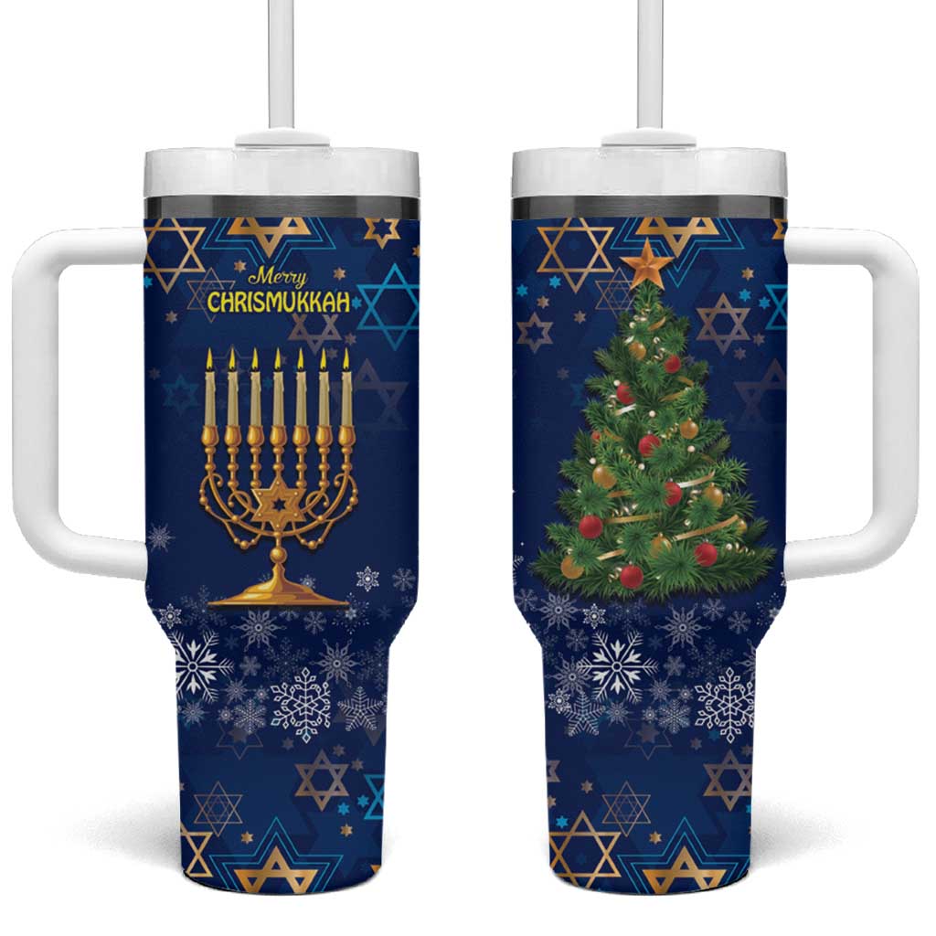Blue Christmas-Chrismukkah tumbler with handle, lid, straw, menorah and snowflake design