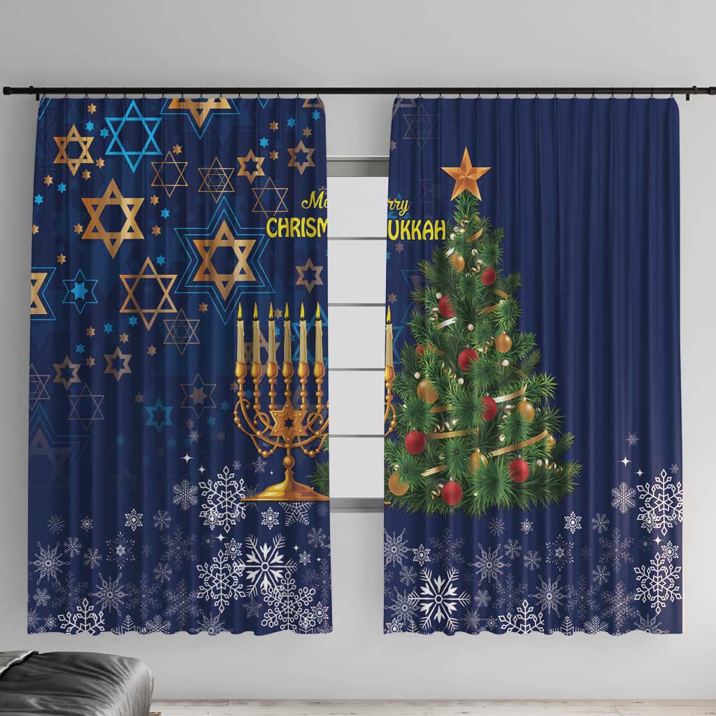 Blue festive window curtain panels with Star of David, menorah, and snowflake trim