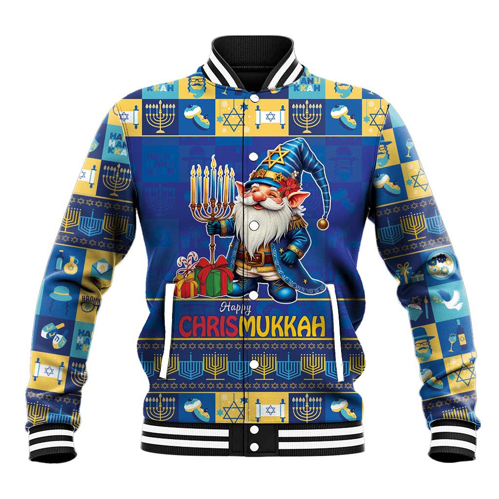 Blue baseball jacket with gnome graphic, menorah and holiday text, ribbed black trim