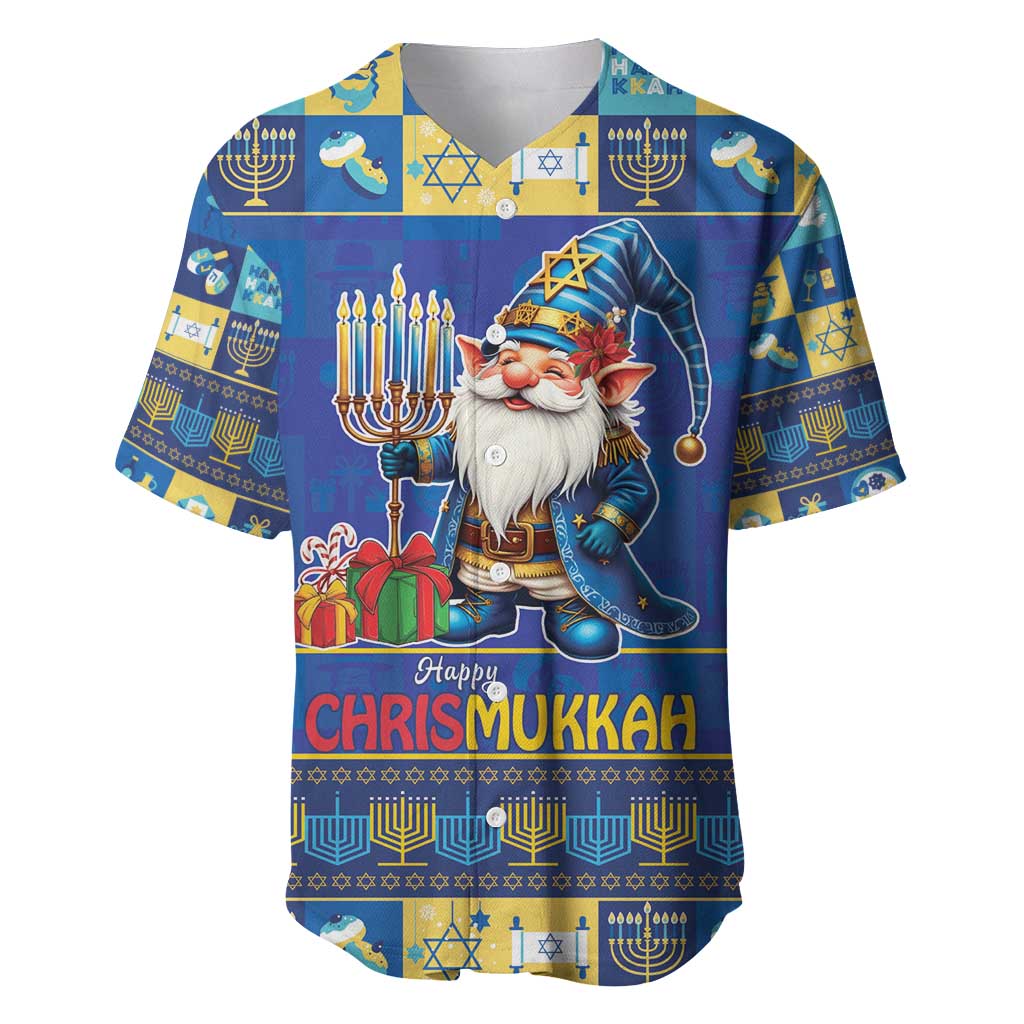 Blue baseball jersey with gnome graphic, menorah, and Chrismukkah text