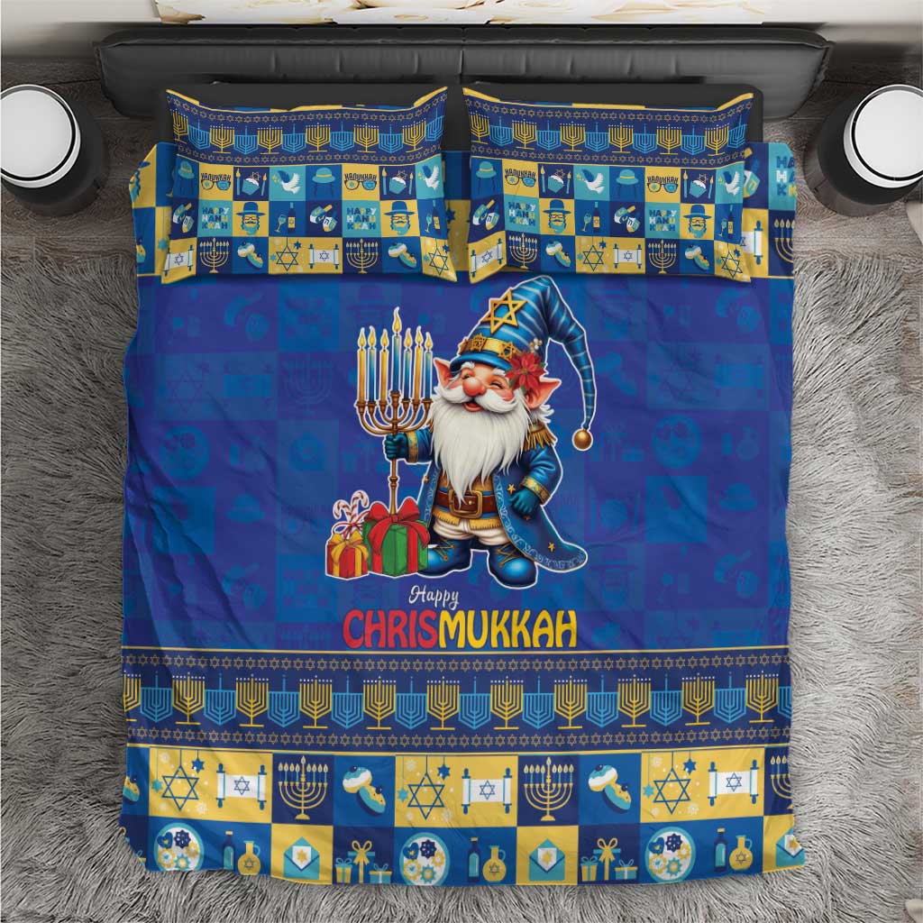 Blue bedding set with gnome, menorah, and patterned pillowcases