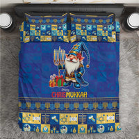 Blue bedding set with gnome, menorah, and patterned pillowcases