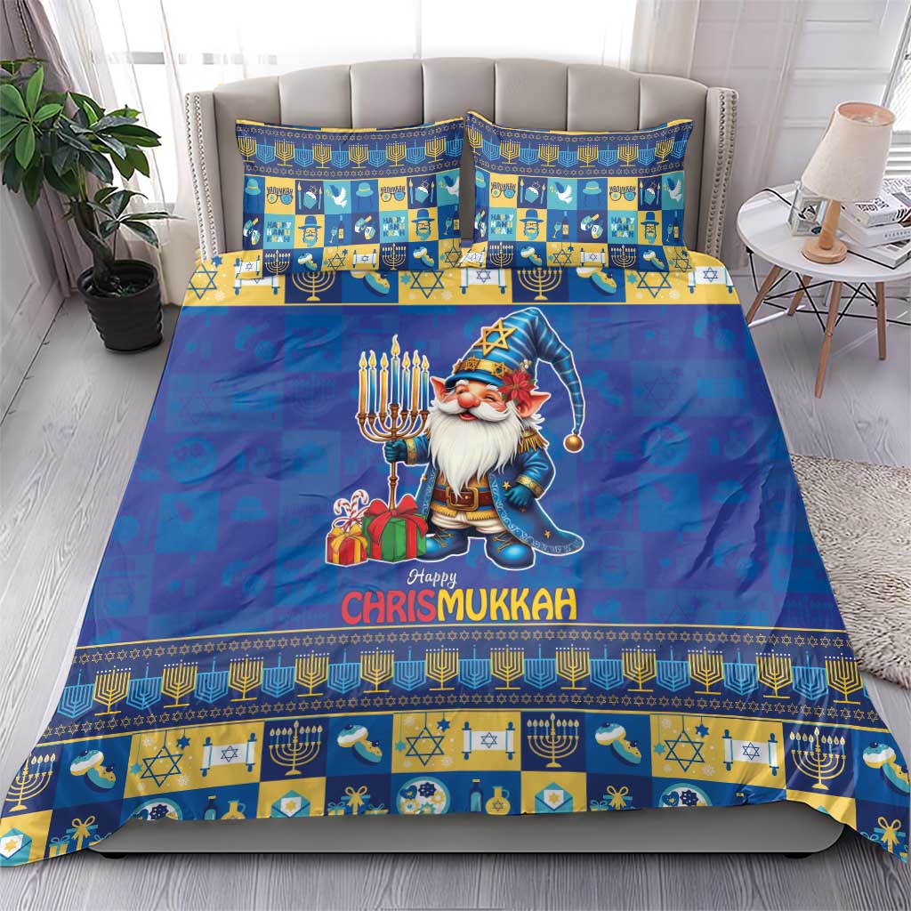 Blue bedding set with gnome, menorah, and "Happy Chrismukkah" on comforter and pillows