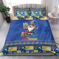 Blue bedding set with gnome, menorah, and "Happy Chrismukkah" on comforter and pillows