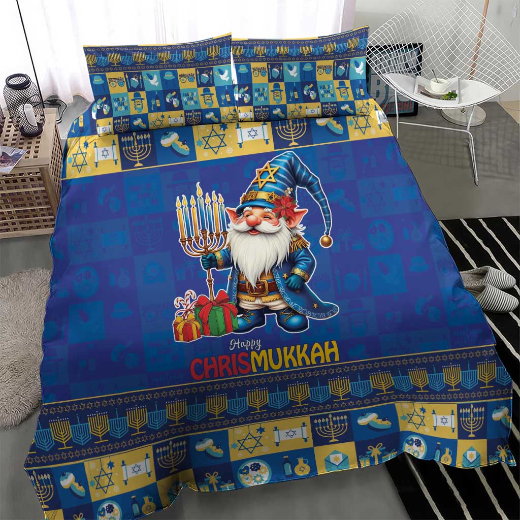 Blue comforter bedding set with gnome holding menorah and "Happy Chrismukkah"