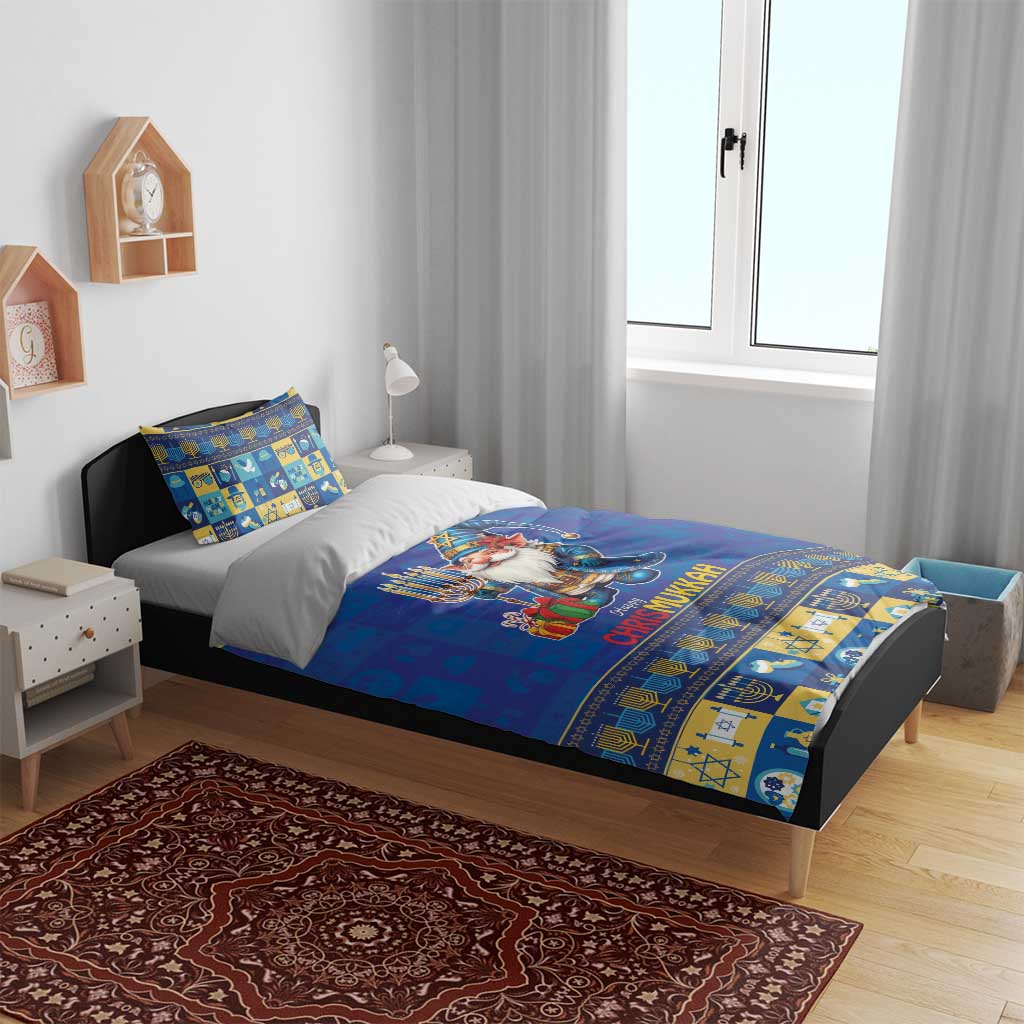 Blue bedding set on bed with gnome and menorah; matching pillowcases with patterned border