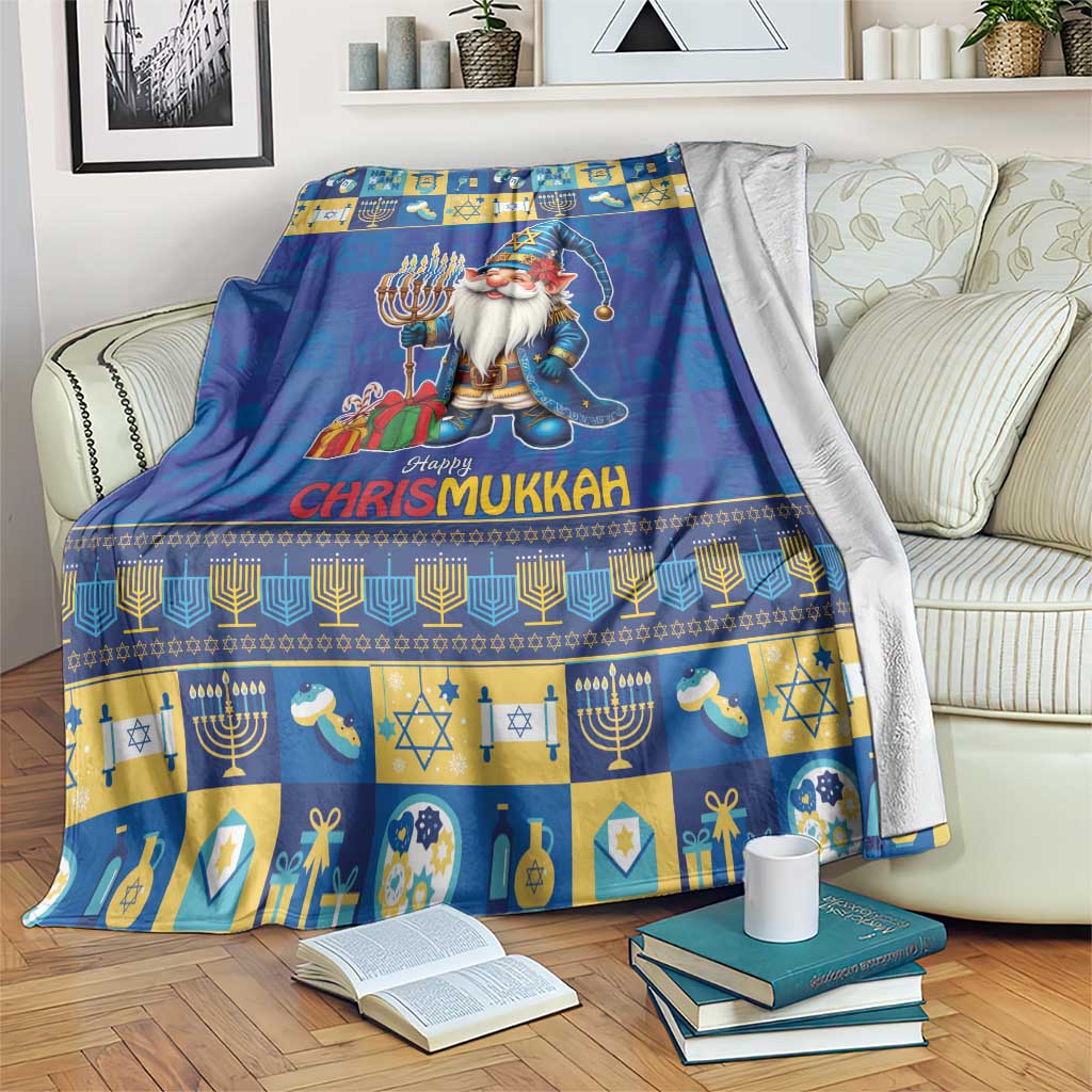 Blue holiday throw blanket with gnome, menorah icons, and “Happy Chrismukkah” text