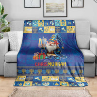 Blue Chrismukkah throw blanket with gnome figure, menorah border, and patterned bottom