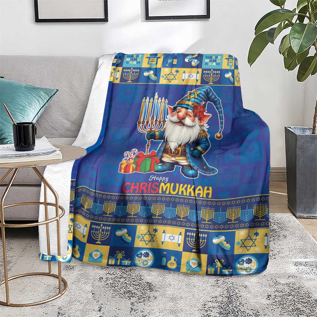 Blue holiday blanket with gnome, menorah strip border, and “Happy Chrismukkah” on center