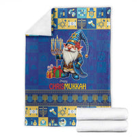 Blue gnome-themed throw blanket with menorah icons, stars, and “Happy Chrismukkah”