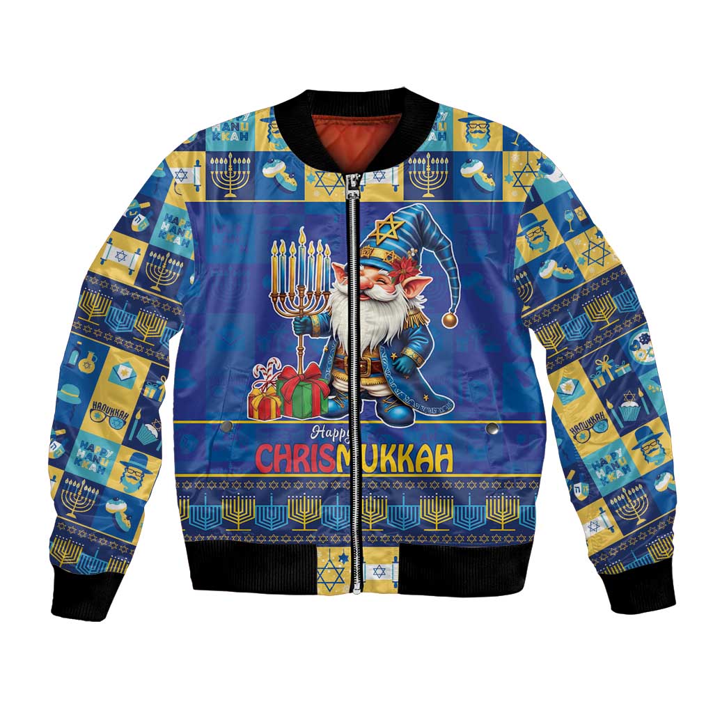 Blue unisex bomber jacket with black ribbed trim and festive gnome holiday graphic front