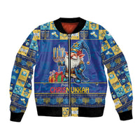 Blue unisex bomber jacket with black ribbed trim and festive gnome holiday graphic front