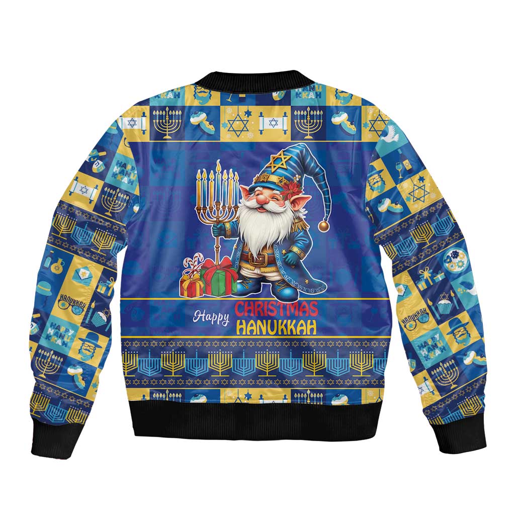 Blue unisex bomber jacket with black ribbed hem and back holiday gnome menorah print