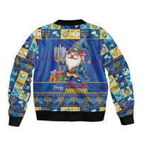 Blue unisex bomber jacket with black ribbed hem and back holiday gnome menorah print