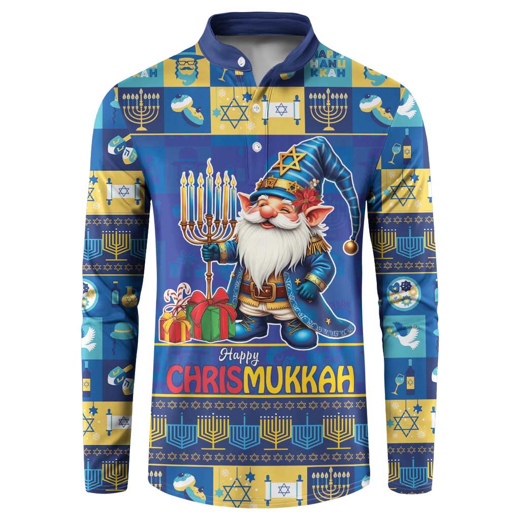 Blue button-up sweatshirt with gnome graphic and festive menorah pattern