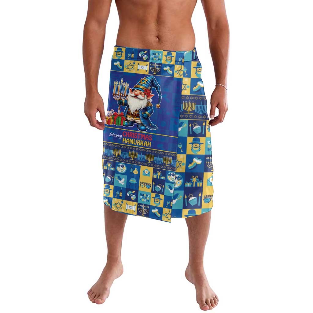 Blue Chrismukkah lavalava with gnome and menorah patchwork print, front view