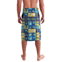 Blue Chrismukkah lavalava with menorah and dreidel icons, back view