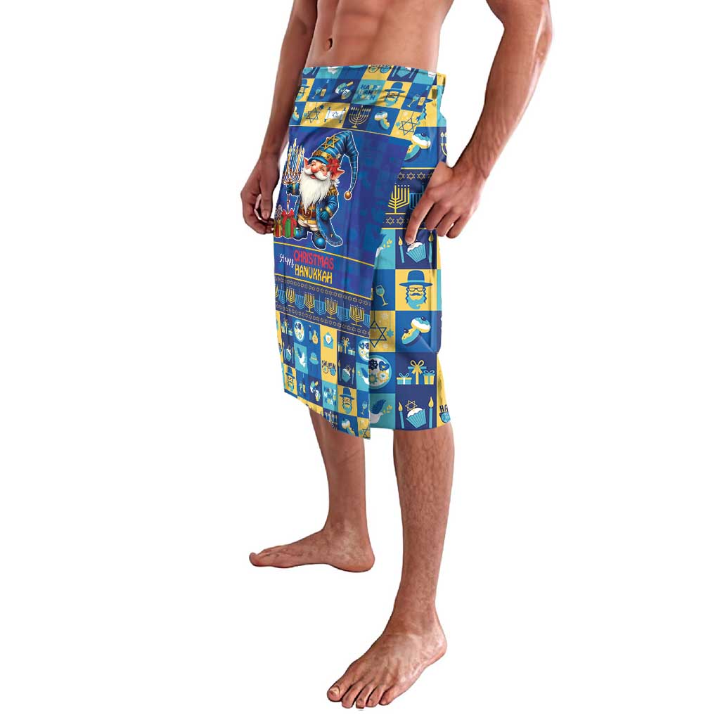 Blue Chrismukkah lavalava with gnome print and patchwork blocks, side view