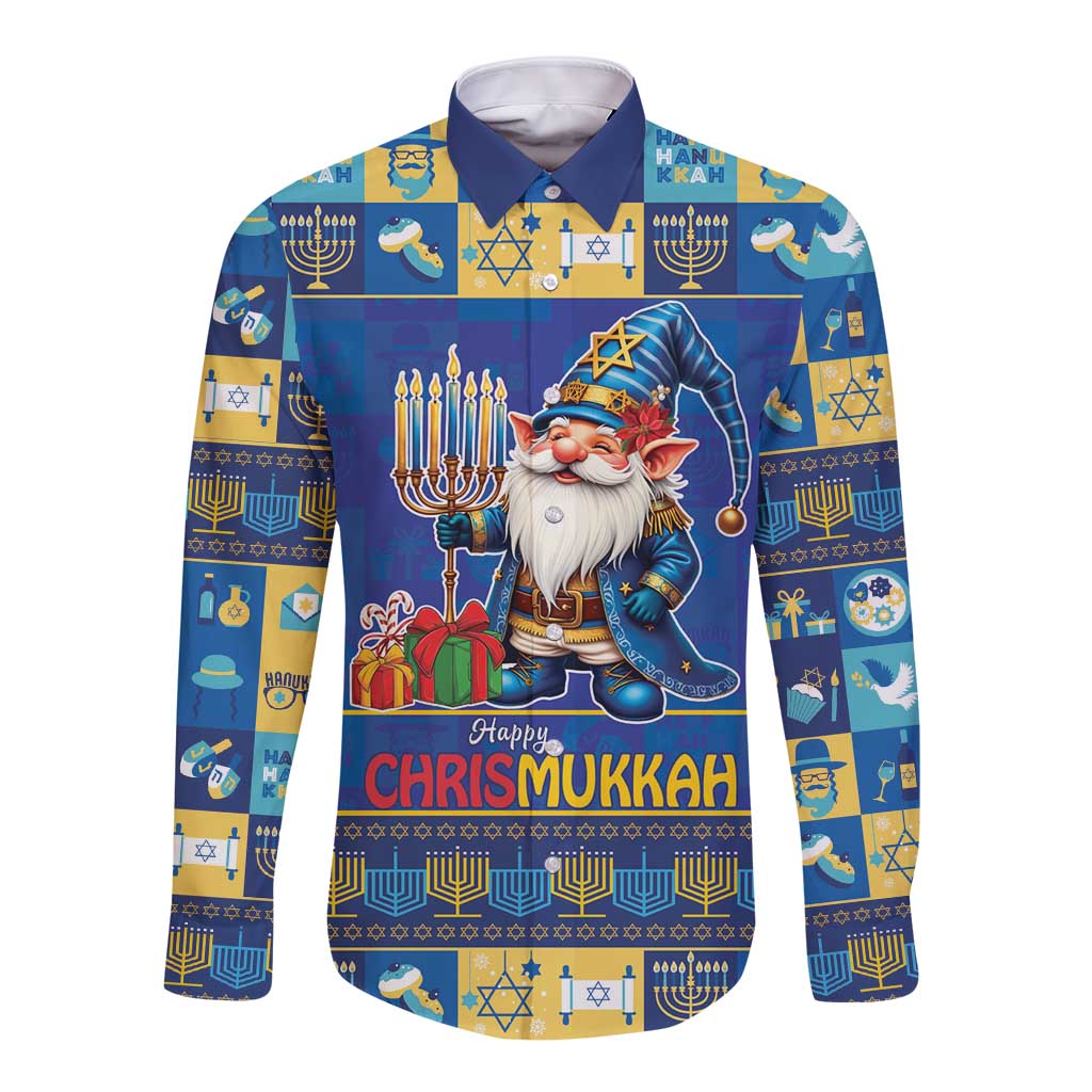 Blue long-sleeve button shirt with hood, gnome and 'Happy Chrismukkah' front print