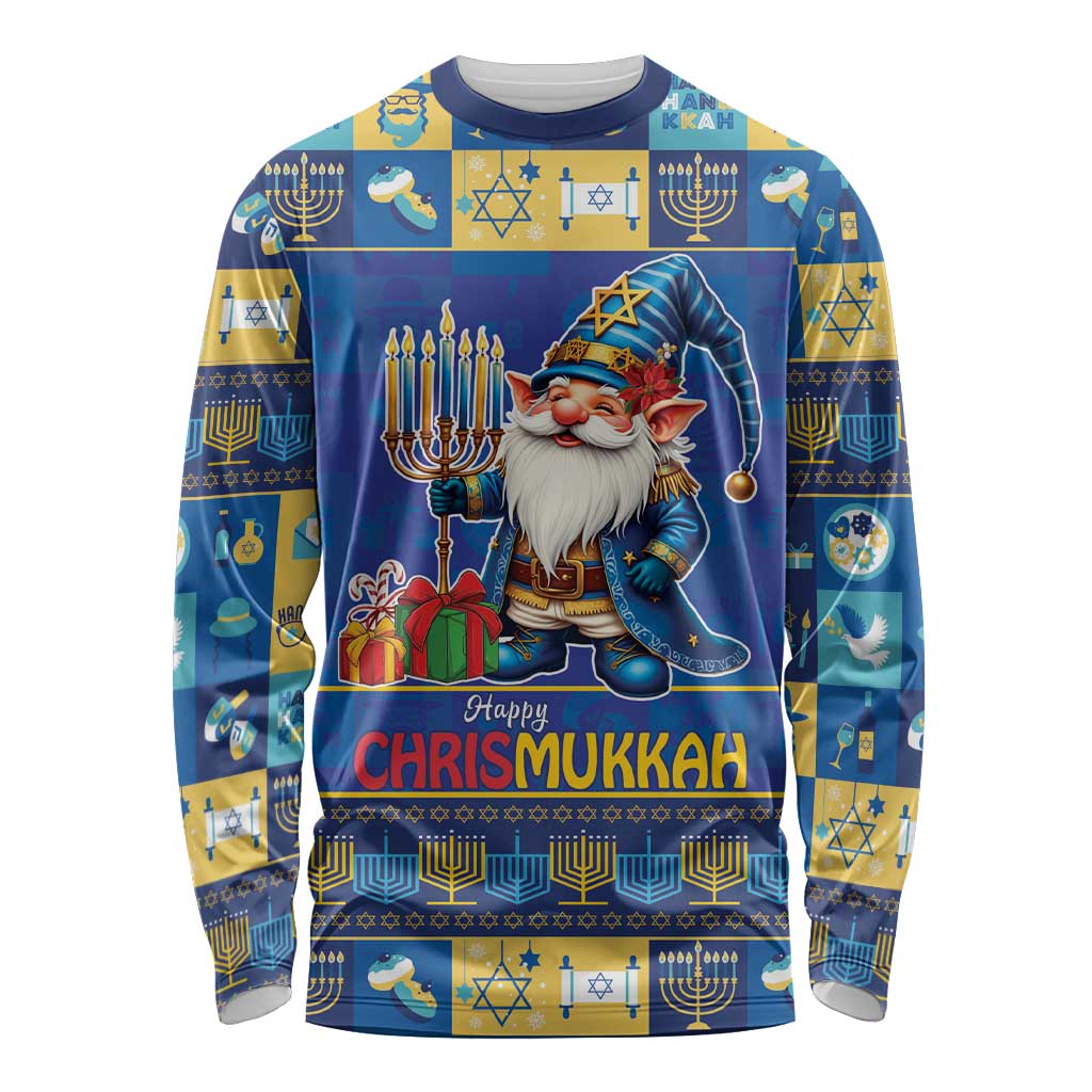 Unisex long sleeve shirt, blue festive graphic with gnome Santa and 'Happy Chrismukkah' text