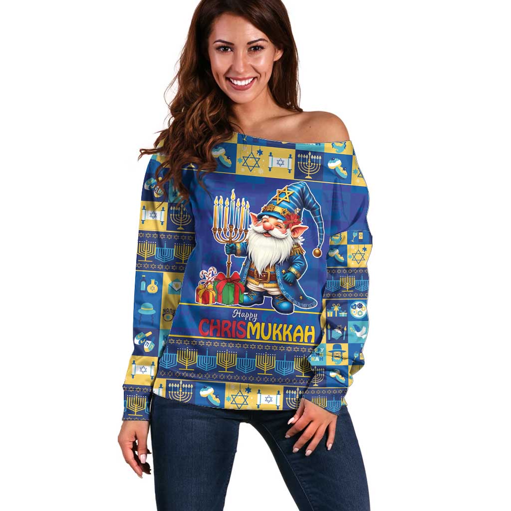 Merry Chrismukkah Off Shoulder Sweater With Gnome Christmas Hanukkah - Wonder Print Shop