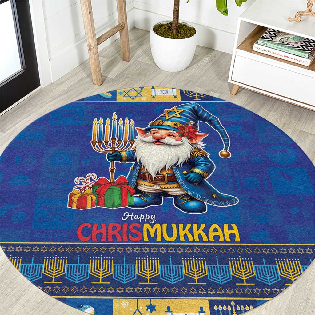 Blue round rug with gnome, menorah, and “Happy Chrismukkah” lettering