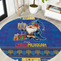 Blue round rug with gnome, menorah, and “Happy Chrismukkah” lettering