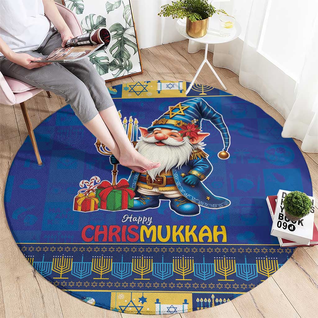 Blue round rug with gnome holding gifts, menorah symbols, and “Happy Chrismukkah”