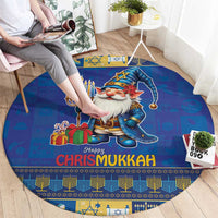 Blue round rug with gnome holding gifts, menorah symbols, and “Happy Chrismukkah”