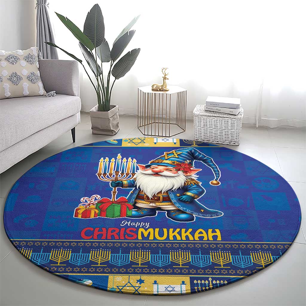Blue round rug with gnome, menorah candles, and “Happy Chrismukkah” headline