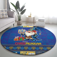 Blue round rug with gnome, menorah candles, and “Happy Chrismukkah” headline