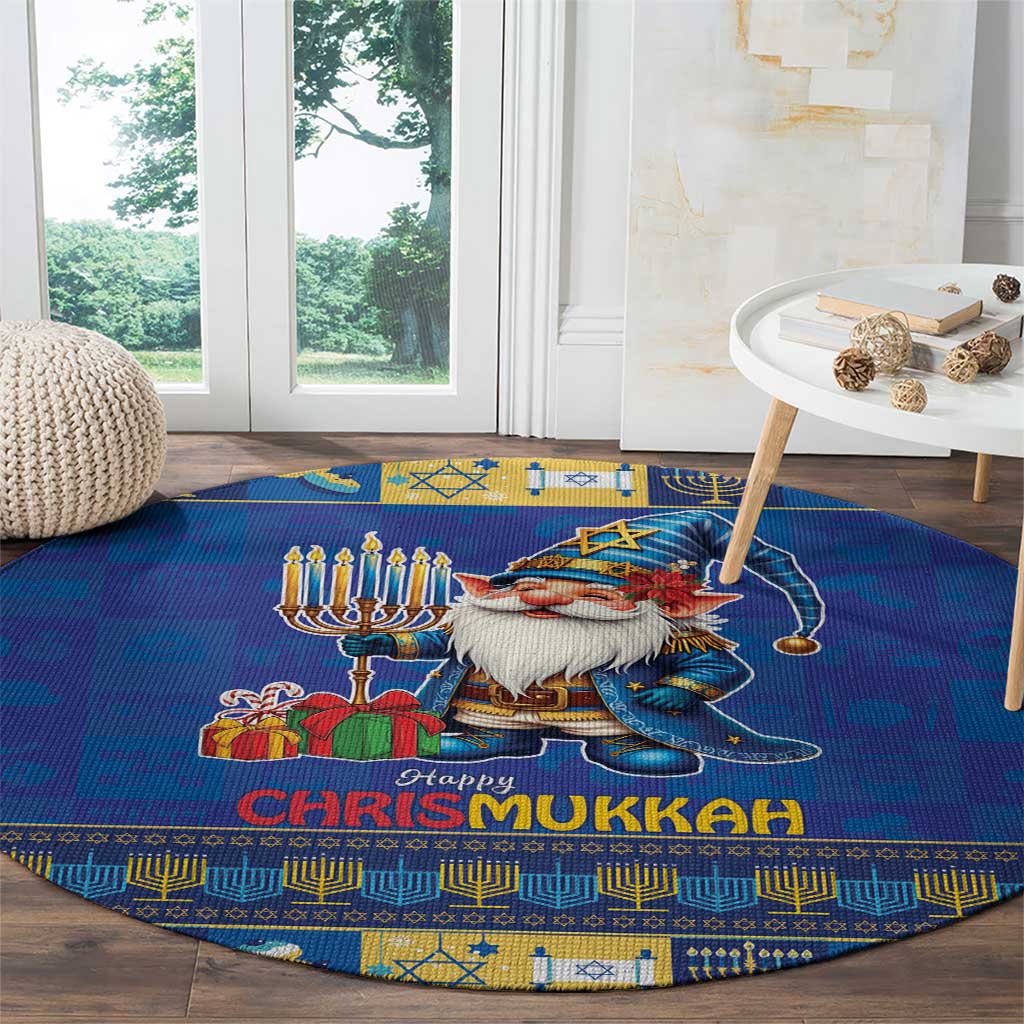 Blue round rug with gnome under menorah candles and “Happy Chrismukkah” text