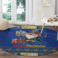 Blue round rug with gnome under menorah candles and “Happy Chrismukkah” text